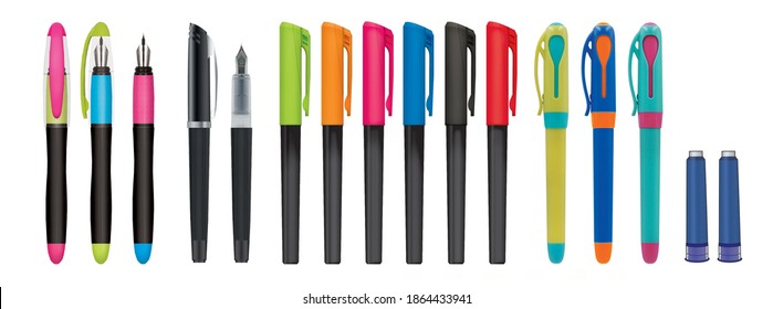 3D Illustration Of Plastic Fountain Pen Collection With Different Shapes And Colors. Blue Ink Cartridges.