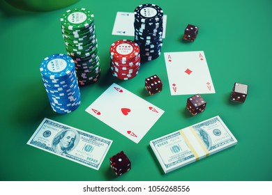 3D Illustration Playing Chips, Cards And Money For Casino Game On Green Table. Real Or Online Casino Concept.