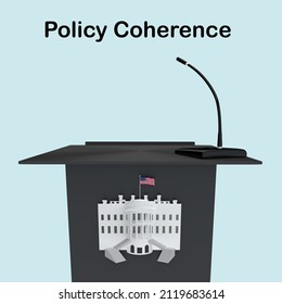 3D illustration of a podium decorated with an illustration of the white house, titled with the Policy Coherence text, isolated over pale blue background.
