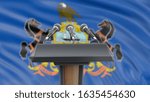 3d illustration. Podium lectern with microphones and Pennsylvania flag in background