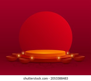 3D illustration of podium stage scene with Indian Diwali Diya oil lamp and round blank card. The Festival of Lights.