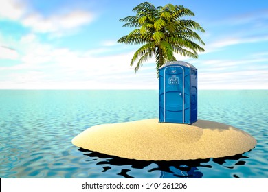 3d illustration of a portable bio toilet with a free wi-fi symbol on an uninhabited island in the ocean.