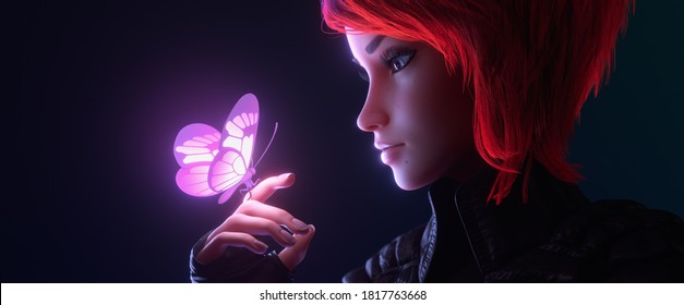 3d Illustration Of A Portrait Of Girl Looking At The Glowing Pink Butterfly Landed On Her Finger In Night Scene. Young Cyberpunk Woman With Short Red Hair In Black Leather Jacket, Fingerless Gloves.