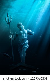 3D Illustration Of Poseidon's Statue, Based On The Legend Of The Lost City Of Atlantis, Underwater City, Rendering