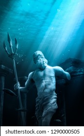 3D Illustration Of Poseidon's Statue, Based On The Legend Of The Lost City Of Atlantis, Underwater City, Rendering