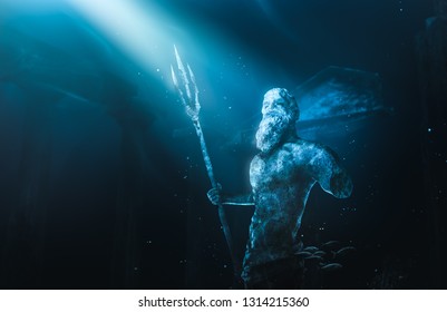 3D Illustration Of Poseidon's Statue, Based On The Legend Of The Lost City Of Atlantis, Underwater City, Rendering