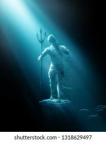 3D Illustration Of Poseidon's Statue, Based On The Legend Of The Lost City Of Atlantis, Underwater City, Rendering