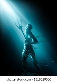 3D Illustration Of Poseidon's Statue, Based On The Legend Of The Lost City Of Atlantis, Underwater City, Rendering