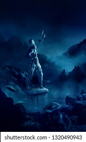 3D Illustration Of Poseidon's Statue, Based On The Legend Of The Lost City Of Atlantis, Underwater City, Rendering