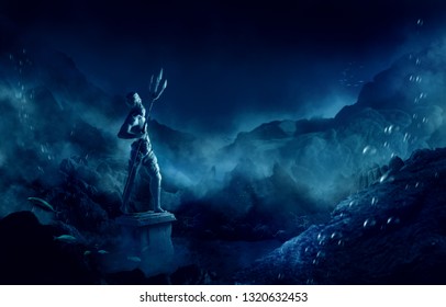 3D Illustration Of Poseidon's Statue, Based On The Legend Of The Lost City Of Atlantis, Underwater City, Rendering