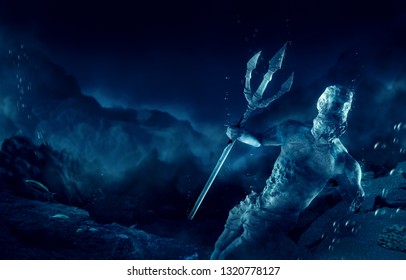 3D Illustration Of Poseidon's Statue, Based On The Legend Of The Lost City Of Atlantis, Underwater City, Rendering