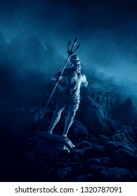 3D Illustration Of Poseidon's Statue, Based On The Legend Of The Lost City Of Atlantis, Underwater City, Rendering