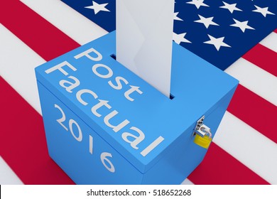 3D illustration of "Post Factual", "2016" scripts and on ballot box, with US flag as a background. 