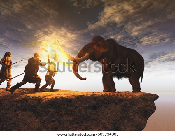 3d illustration of prehistoric men hunting a young mammoth