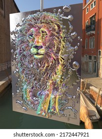 A 3D Illustration, Presented On An Aluminum Foil Covered Canvas, Of A Lion. The Foil Has Been Partially And Not Fully Scratched Off The Artwork Which Is Why It Looks Highly Reflective.