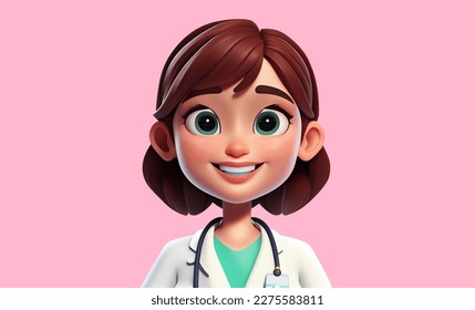 3D illustration of pretty woman doctor. Cartoon close up portrait of smiling woman doctor on a pink background. - Powered by Shutterstock