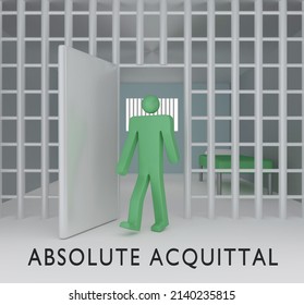 3D illustration of a prisoner steppping through an open door of a prison cell, along with the script ABSOLUTE ACQUITTAL.