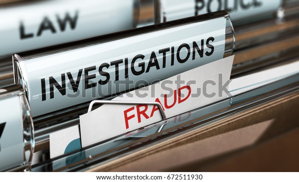 3D illustration of private\
investigator files with the words investigation and\
fraud