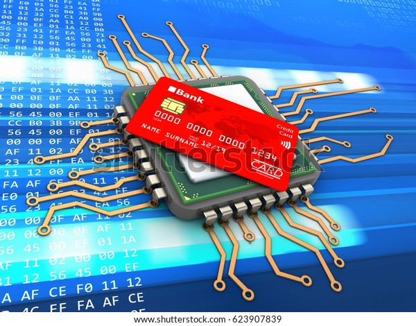3d illustration of processor over code background with\
bank card 