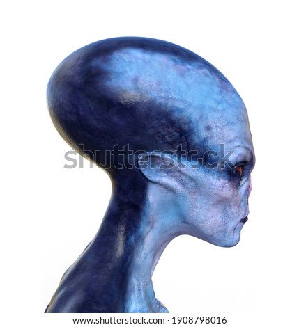 3d illustration profile of the head and neck of a blue alien on a white background.
