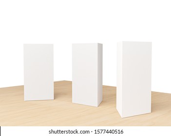 3d Illustration Promotional Table Talker Isolated On Wooden Table White Background With Clipping Path, Mockup Template Paper Tri-fold Vertical Triangle Cards With Reflections. White Sheets View. 