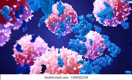 3d Illustration Proteins With Lymphocytes , T Cells Or Cancer Cells
