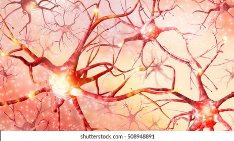 3D illustration. Pulses of neurons in the brain. A high resolution.