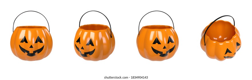 3D Illustration Pumpkin Candy Bucket On White Background	With Clipping Path