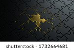 3d illustration of puzzle dark black pieces background texture with a golden metallic one in the center concept for leadership