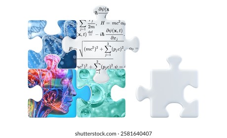 3D illustration of a puzzle representing the connection between science, medicine, technology. DNA biology, physics, chemistry, mathematics, human anatomy, symbolizing interdisciplinary research