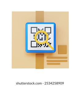 3D Illustration of QR Code on Package with Magnifying Glass, Shipping Tracking, Barcode Scanning, Logistics Management, E-commerce Parcel Identification, Delivery Verification, Inventory Control