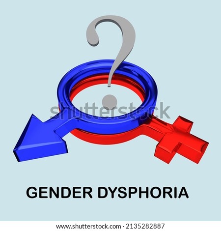 3D illustration of a question mark on female and male gender symbols, isolated on pale blue background.