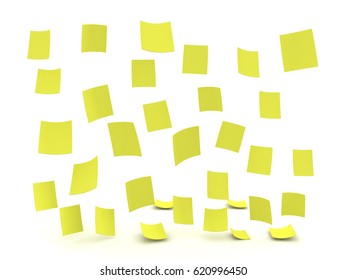 3D Illustration Of Rain Composed Out Of Yellow Post It Sticky Notes. They Are Flying All Over The Place Falling On The Ground.
