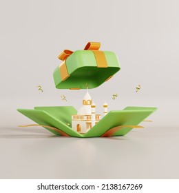 3d Illustration Of Ramadan Kareem With Gift Box, Mosque, And Islamic Decoration