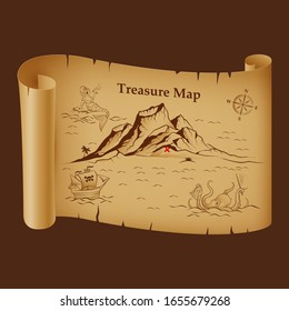 3D Illustration. Raster Version. Stylized Pirate Map On Vintage Paper With Treasure On The Island. Pirate Ship Or Boat, Sea Monster, Mermaid And Compas. Monochrome Hand Drawn Sketch
