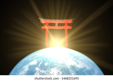 3d illustration: The rays of the rising sun passes through the traditional japanese red torii gate over the planet earth. Japan. The entrance of a Shinto shrine. Religious and travel concept.
