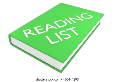 3D illustration of "READING LIST" script on a book, isolated on white. Literature concept.