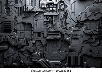 3d Illustration Of A Realistic Model Of A Robot Or Black Cyber Armor. Close-up Equipment For Mining Crypto-bitcoin; Ether. Video Cards; Motherboards