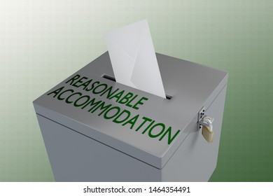 3D illustration of REASONABLE ACCOMMODATION script on a ballot box, and a voting envelope been inserted into the ballot box, isolated over a green gradient.