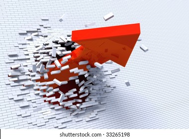 3D illustration of red arrow breaking through a white brick wall.