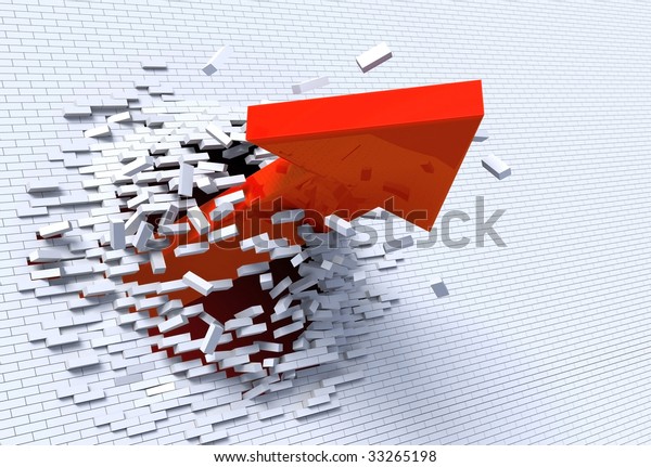 白いレンガの壁を破る赤い矢印の3dイラスト のイラスト素材