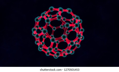 3D illustration of red balloon, the molecules of the graphene crystal lattice. The idea of nanotechnology, biological weapons, virus, energy. 3D rendering on a dark background.