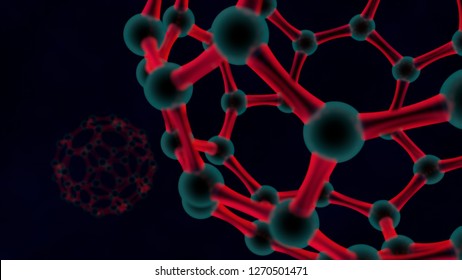 3D illustration of red balloon, the molecules of the graphene crystal lattice. The idea of nanotechnology, biological weapons, virus, energy. 3D rendering on a dark background. Close up