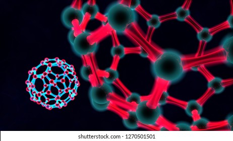 3D illustration of red balloon, the molecules of the graphene crystal lattice. The idea of nanotechnology, biological weapons, virus, energy. 3D rendering on a dark background. Close up