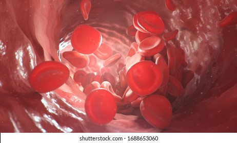 3d illustration of red blood cells inside an artery, vein. The flow of blood inside a living organism. Scientific and medical microbiological concept. Enrichment with oxygen and important nutrients.