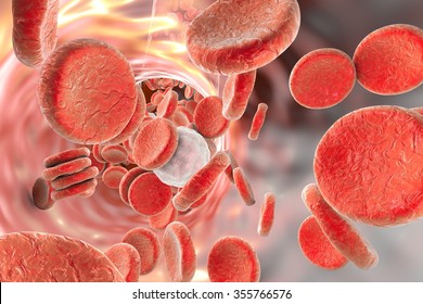 3D illustration of red blood cells and leukocytes in blood vessel
