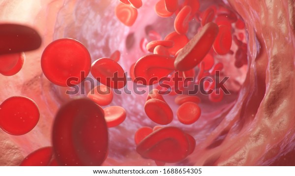 3d illustration of red blood cells inside an\
artery, vein. The flow of blood inside a living organism.\
Scientific and medical microbiological concept. Enrichment with\
oxygen and important\
nutrients.