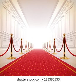 A 3d illustration of red carpet path to the success light.