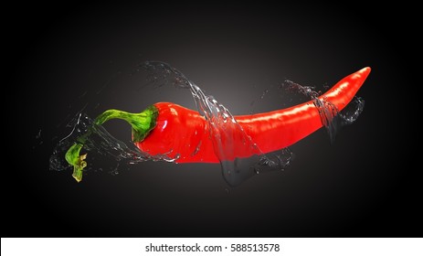 3D illustration of red chilly pepper on black background with water splash