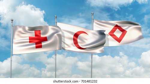 3D Illustration of Red Cross, Red Crescent and Red Crystal flags waving against blue sky